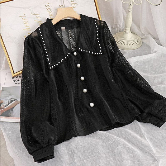 Women Vintage Collared Pearl Button Down Long Sleeve Lace Blouse Tops Shirts & Tops jehouze Black S 