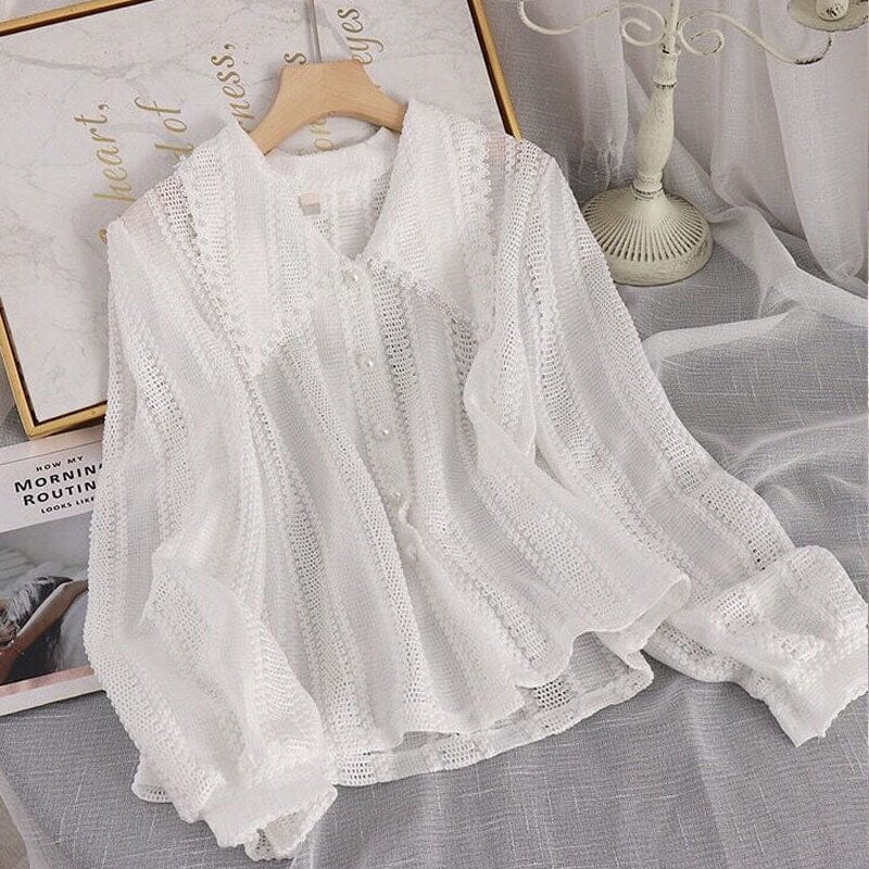 Women Vintage Collared Pearl Button Down Long Sleeve Lace Blouse Tops Shirts & Tops jehouze White S 