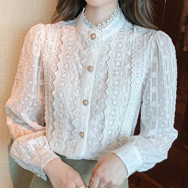 Women Vintage Mock Neck Button Down Shirt Long Sleeve Lace
