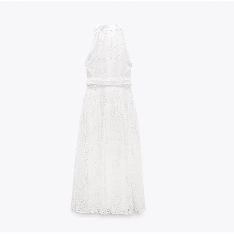 Women White Eyelet Lace Cotton Sleeveless Mock Neck Belted A Line Midi Sun Dress Dresses jehouze 