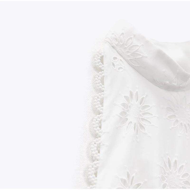 Women White Eyelet Lace Cotton Sleeveless Mock Neck Belted A Line Midi Sun Dress Dresses jehouze 