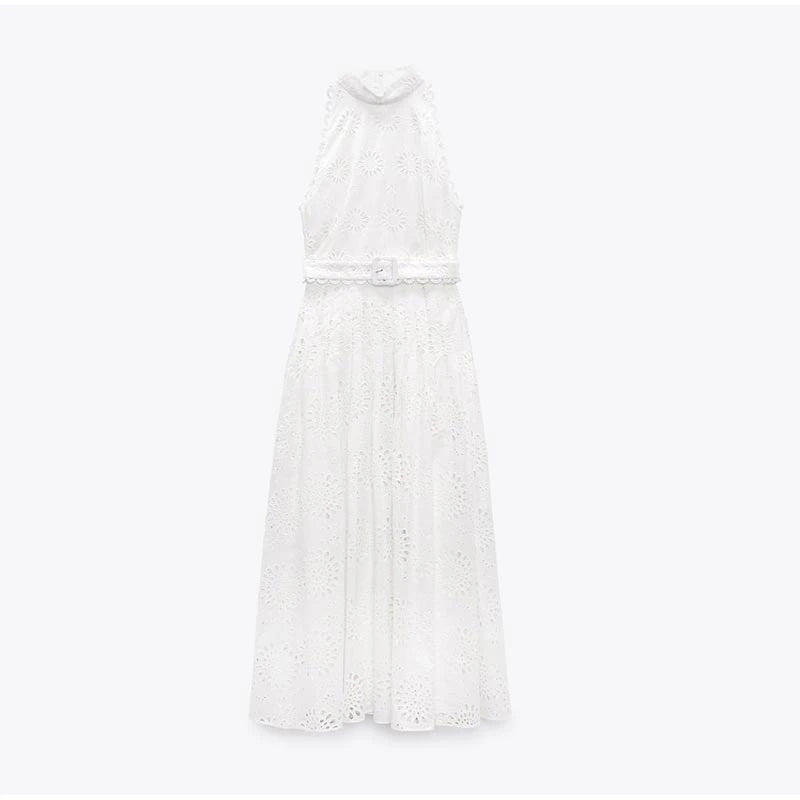 Women White Eyelet Lace Cotton Sleeveless Mock Neck Belted A Line Midi Sun Dress Dresses jehouze 