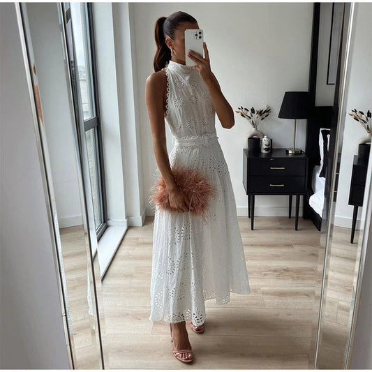 Women White Eyelet Lace Cotton Sleeveless Mock Neck Belted A Line Midi Sun Dress Dresses jehouze XS 