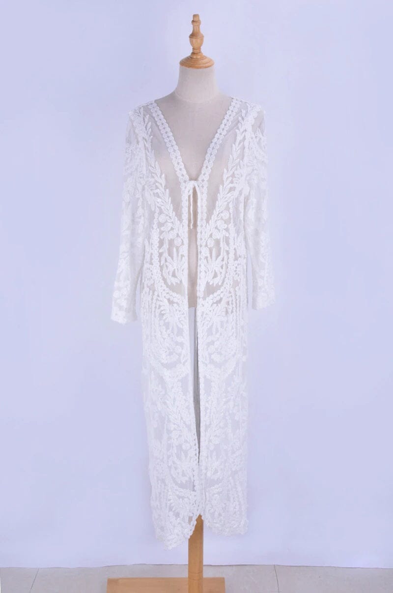 Women White Floral Lace Swimsuit Bathing Suit Long Beach Dress Kimono Cover Up_ jehouze 