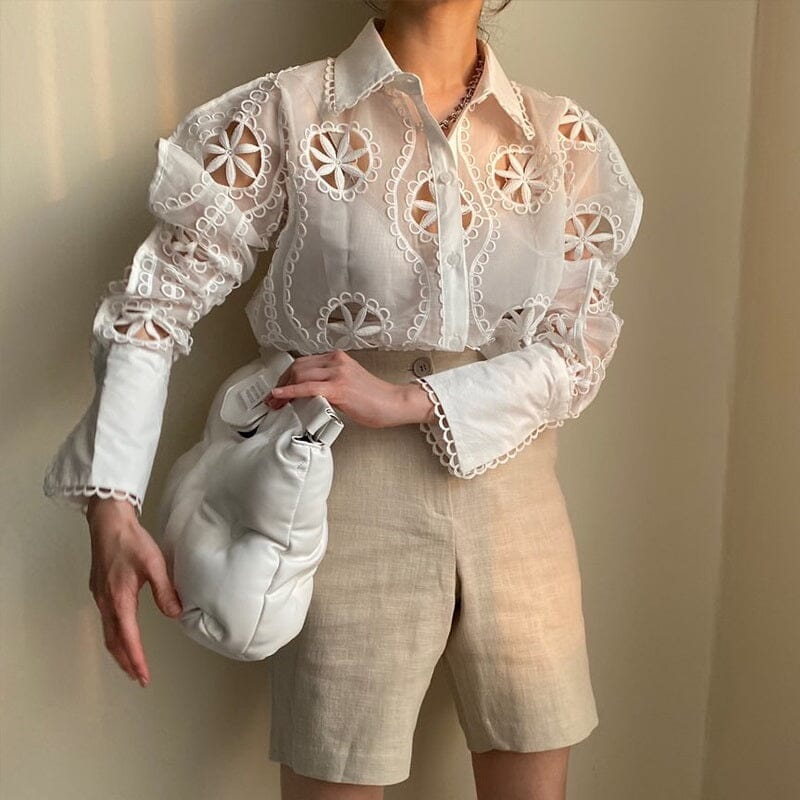 Women White Lace Hollow Out Flower Embroidery Sexy See Through Sheer Mesh Button Down Shirt Long Sleeve Blouse Top jehouze 