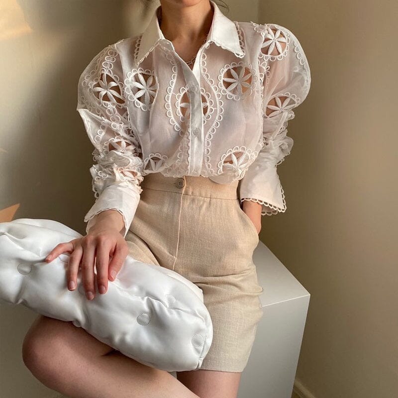 Women White Lace Hollow Out Flower Embroidery Sexy See Through Sheer Mesh Button Down Shirt Long Sleeve Blouse Top jehouze 