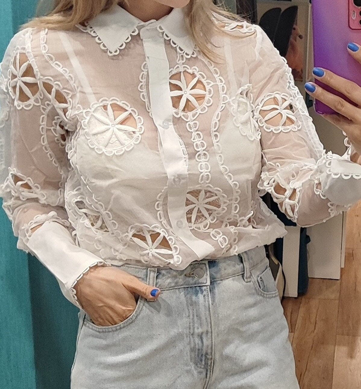 Women White Lace Hollow Out Flower Embroidery Sexy See Through Sheer Mesh Button Down Shirt Long Sleeve Blouse Top jehouze 