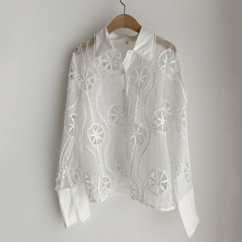 Mange Store Women White Lace Hollow Out Flower Embroidery Sexy See Through Sheer Mesh Button Down Shirt Long Sleeve Blouse Top L