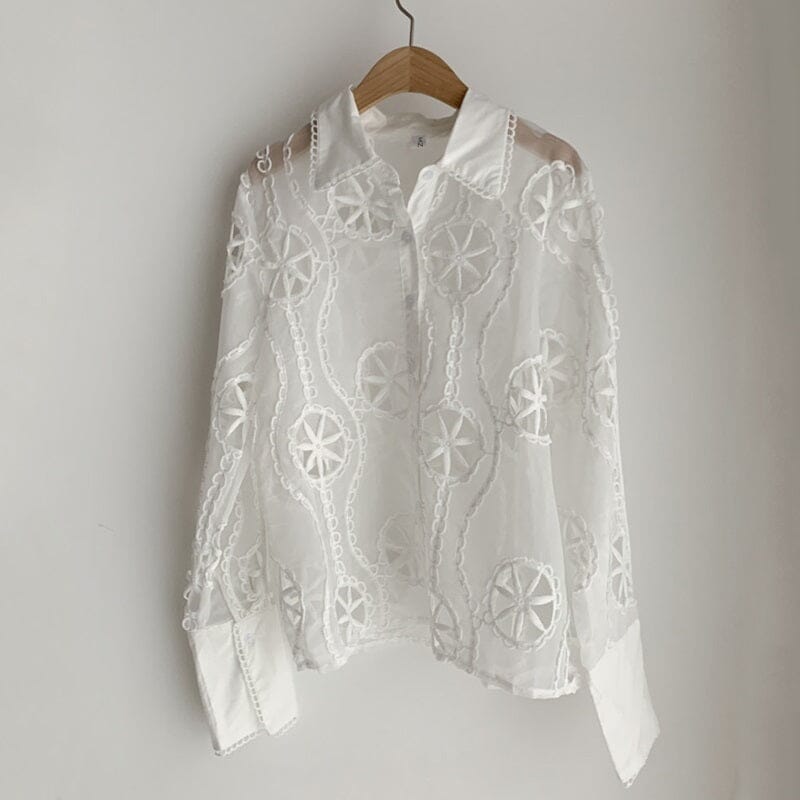 Women White Lace Hollow Out Flower Embroidery Sexy See Through Sheer Mesh Button Down Shirt Long Sleeve Blouse Top jehouze 