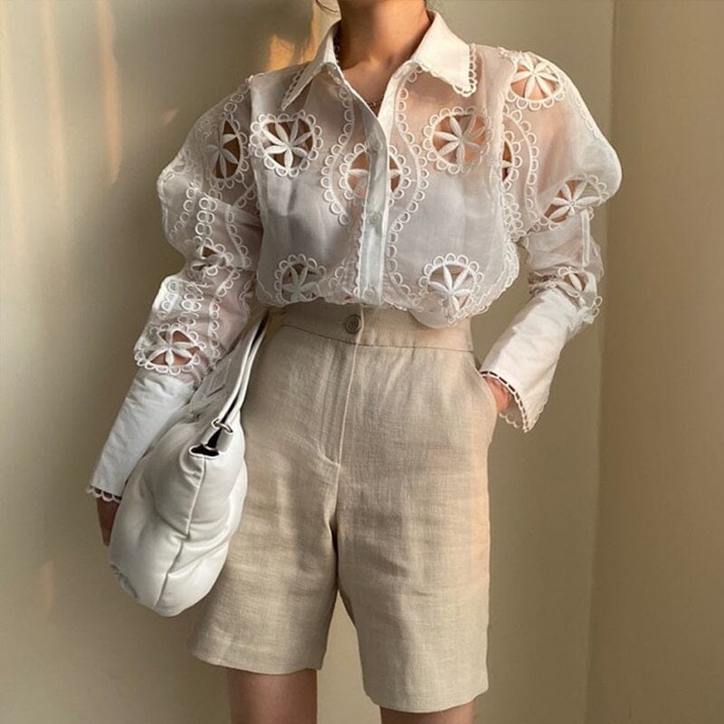 Women White Lace Hollow Out Flower Embroidery Sexy See Through Sheer Mesh Button Down Shirt Long Sleeve Blouse Top jehouze M 