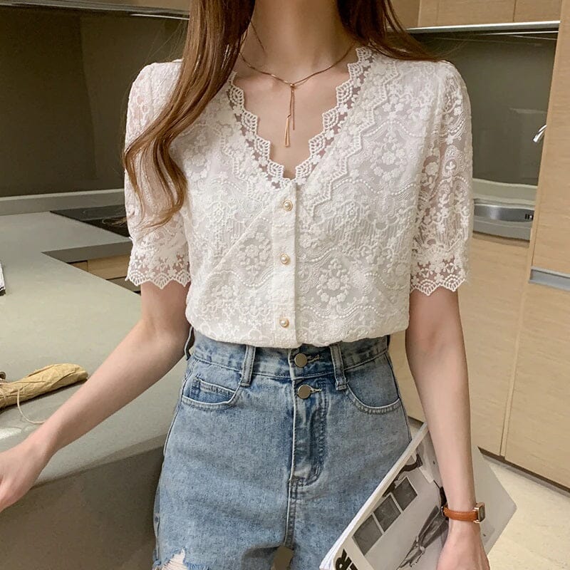 Women White Lace Short Sleeves V Neck Stitching Hollow Out Blouse Top jehouze 