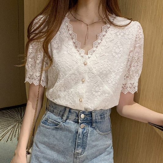 Women White Lace Short Sleeves V Neck Stitching Hollow Out Blouse Top jehouze 