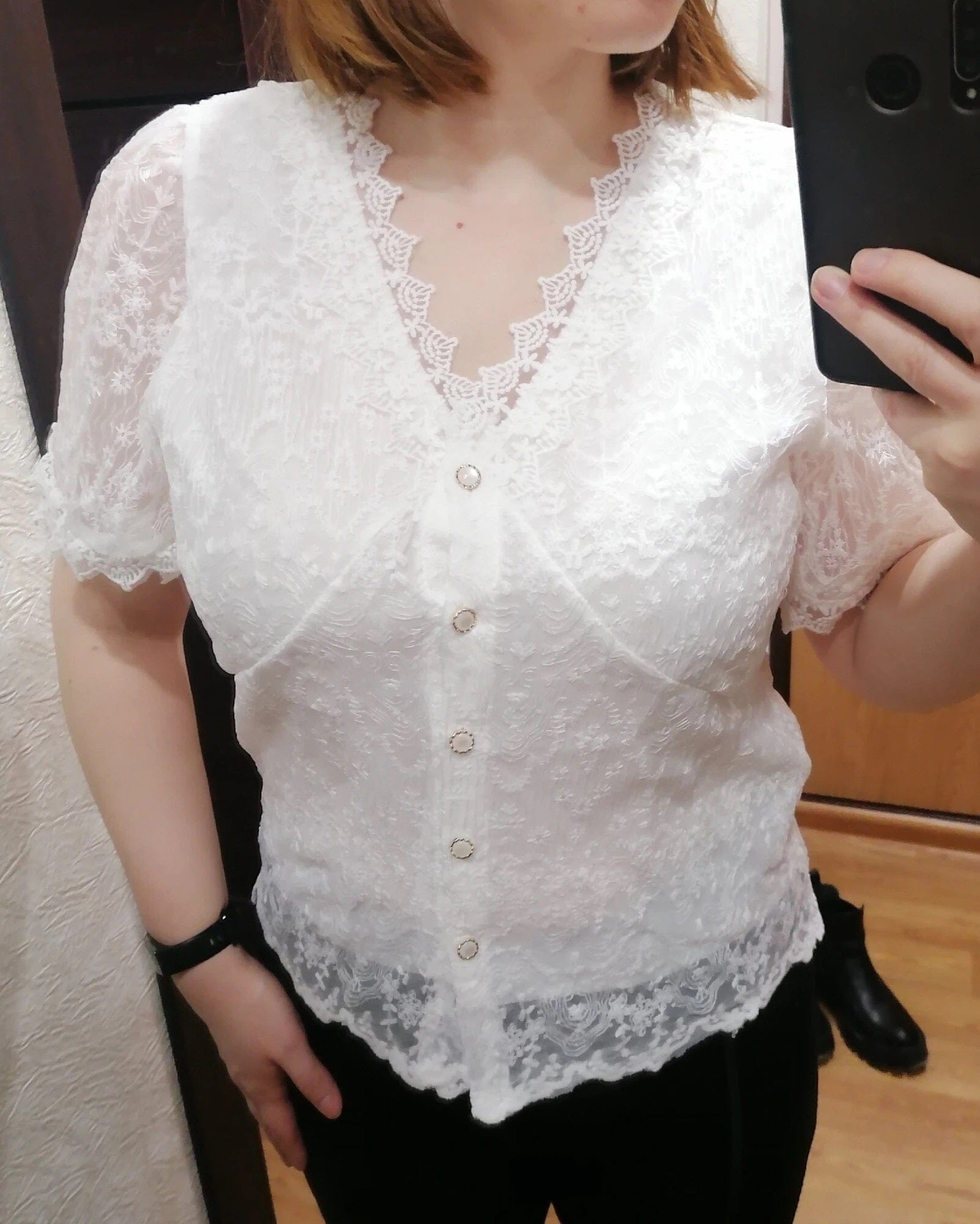 Women White Lace Short Sleeves V Neck Stitching Hollow Out Blouse Top jehouze 