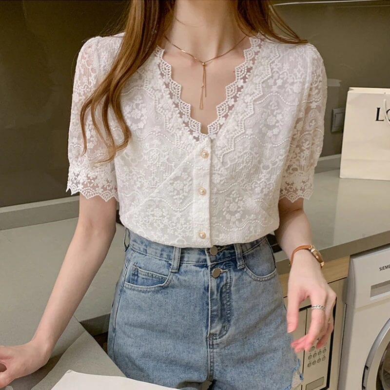 Women White Lace Short Sleeves V Neck Stitching Hollow Out Blouse Top jehouze 