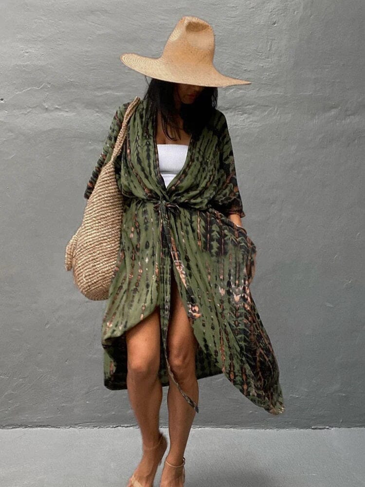 Women's Beach Cover up Swimsuit Bohemian Floral Loose Casual Cotton Kimono jehouze army green 
