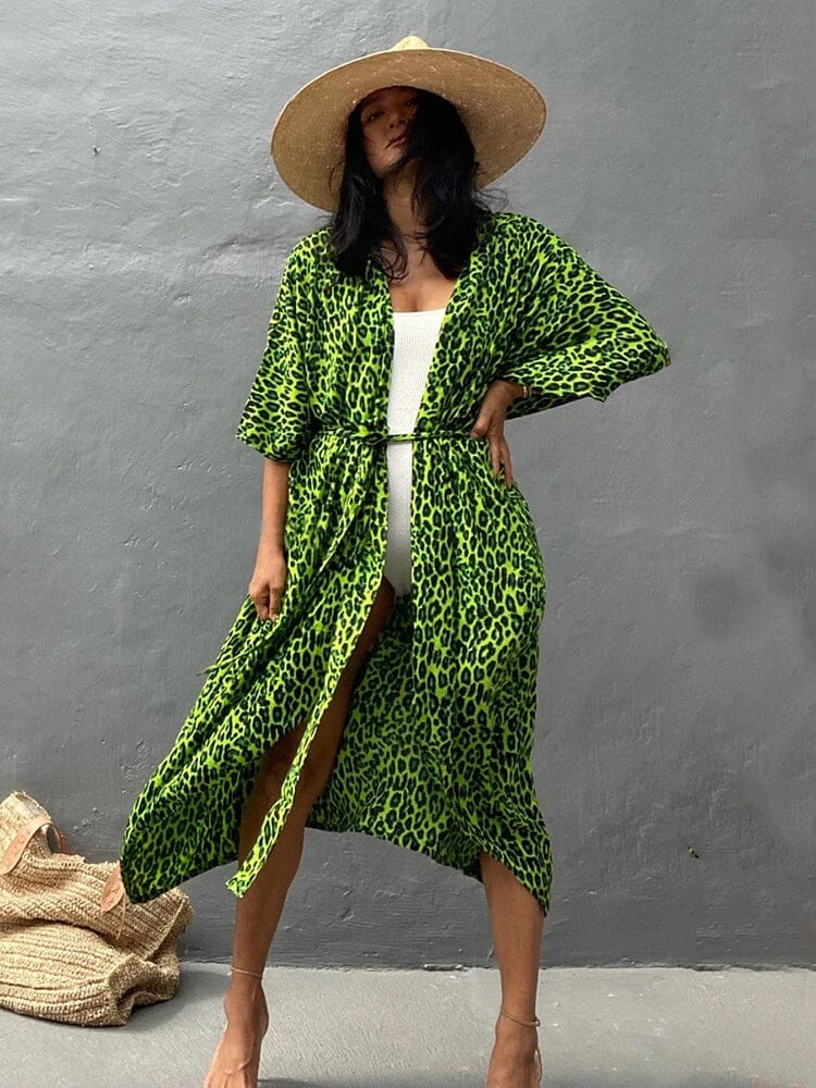 Women's Beach Cover up Swimsuit Bohemian Floral Loose Casual Cotton Kimono jehouze green leopard 