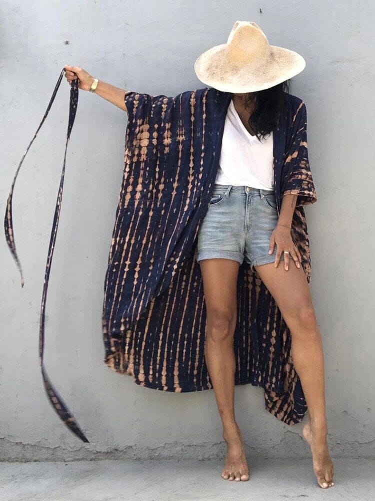 Women's Beach Cover up Swimsuit Bohemian Floral Loose Casual Cotton Kimono jehouze navy blue 