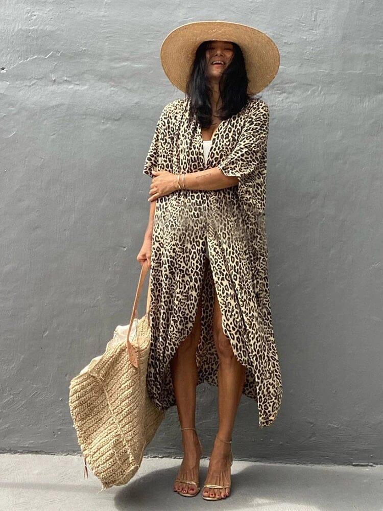 Women's Beach Cover up Swimsuit Bohemian Floral Loose Casual Cotton Kimono jehouze yellow leopard 