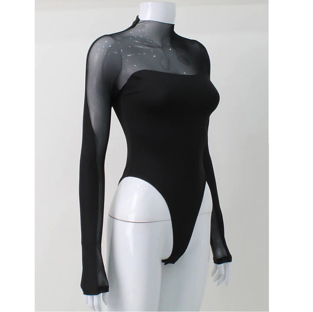 Women's Sheer Mesh Mock Neck Long Sleeve Solid Bodysuit Top bodysuit jehouze 
