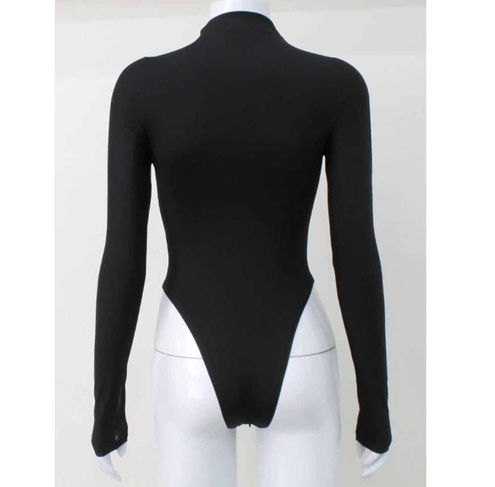 Women's Sheer Mesh Mock Neck Long Sleeve Solid Bodysuit Top_