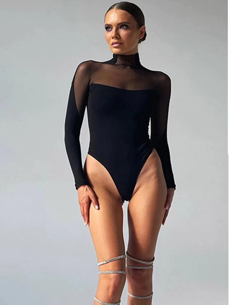 Women's Sheer Mesh Mock Neck Long Sleeve Solid Bodysuit Top bodysuit jehouze Black S 