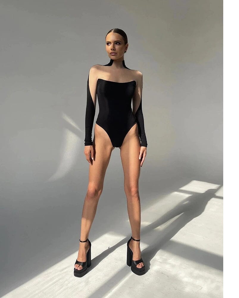 Women's Sheer Mesh Mock Neck Long Sleeve Solid Bodysuit Top bodysuit jehouze Nude S 