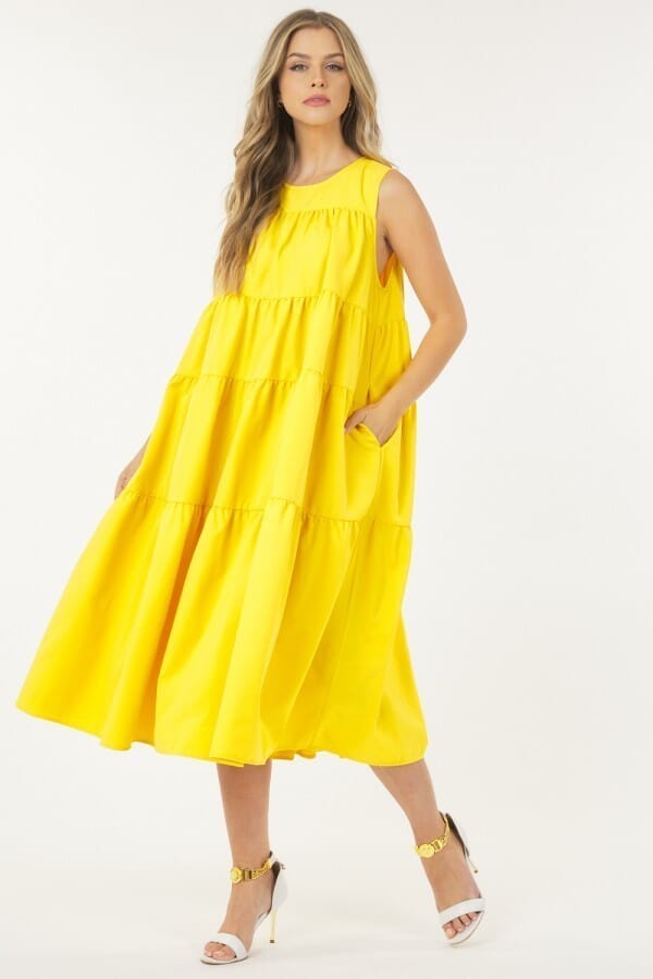 Yellow Loose Sleeveless Wide Hem Poplin Maxi Dress Dresses jehouze 