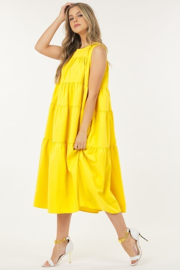 Yellow Loose Sleeveless Wide Hem Poplin Maxi Dress Dresses jehouze 