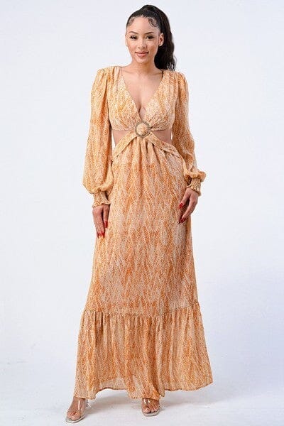 Yellow V Neck Self Belted Side Cut Out Ruffled Long Sleeve Maxi Cocktail Club Party Evening Dress Dresses jehouze 