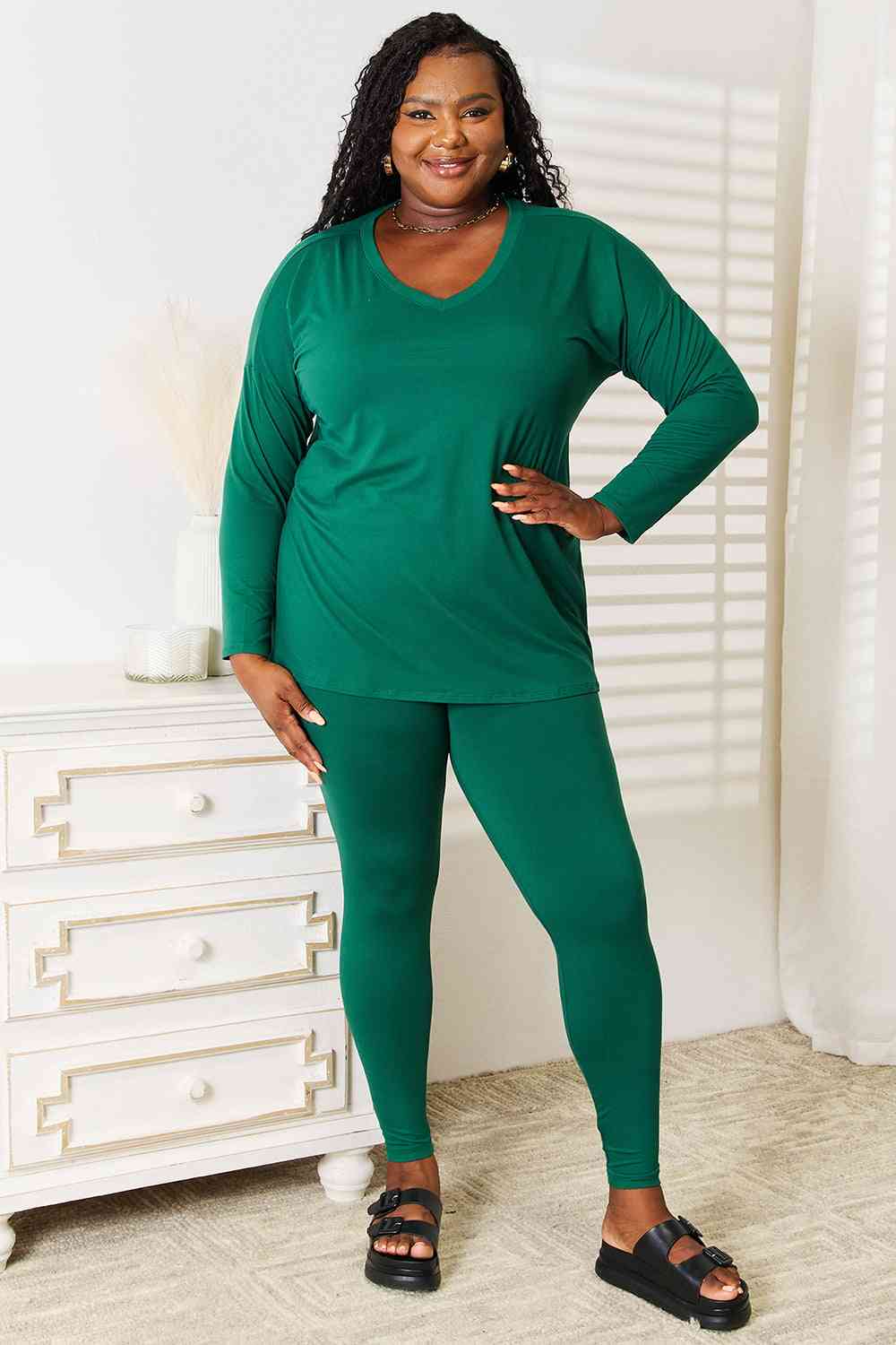 Zenana Lazy Days Full Size Long Sleeve Top and Leggings Set jehouze Dark Green S 